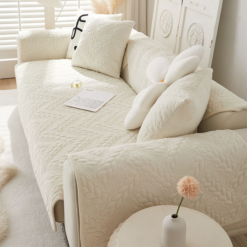 Cozy Crystal Velvet Wheat-Pattern Embroidery Non-Slip Sofa Cover