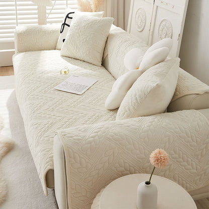 Cozy Crystal Velvet Wheat-Pattern Embroidery Non-Slip Sofa Cover