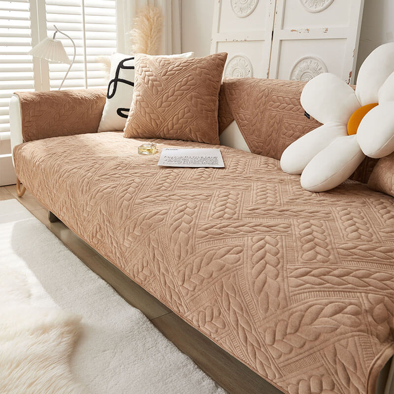 Cozy Crystal Velvet Wheat-Pattern Embroidery Non-Slip Sofa Cover