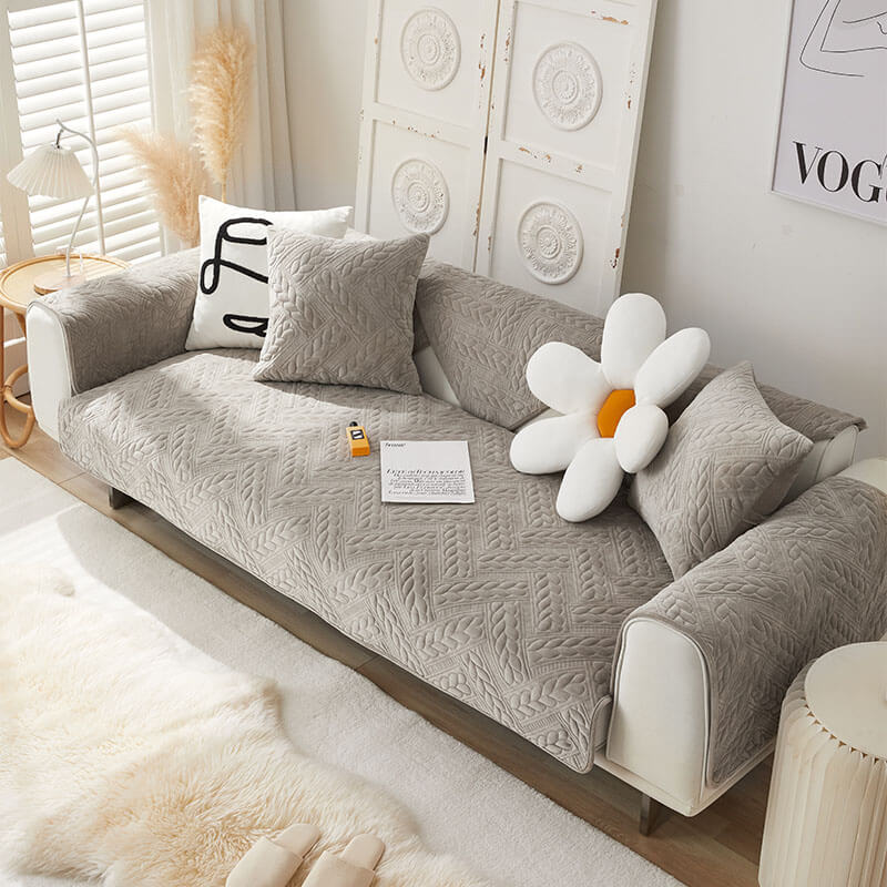 Cozy Crystal Velvet Wheat-Pattern Embroidery Non-Slip Sofa Cover