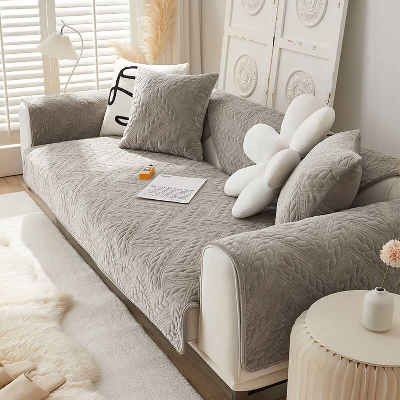 Cozy Crystal Velvet Wheat-Pattern Embroidery Non-Slip Sofa Cover