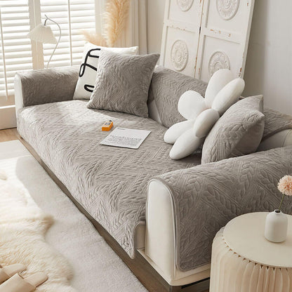 Cozy Crystal Velvet Wheat-Pattern Embroidery Non-Slip Sofa Cover