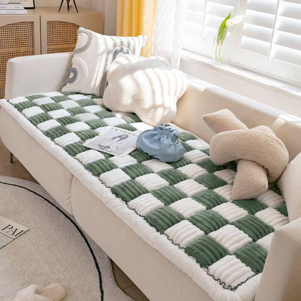 Cream-Colored Large Plaid Square Fuzzy Pet Mat - Multi-Use Bed and Couch Cover