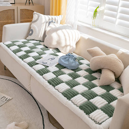 Cream-Colored Large Plaid Square Fuzzy Pet Mat - Multi-Use Bed and Couch Cover