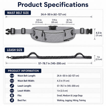Dog Running Leash, Hands-Free Waist Belt for Jogging & Hiking