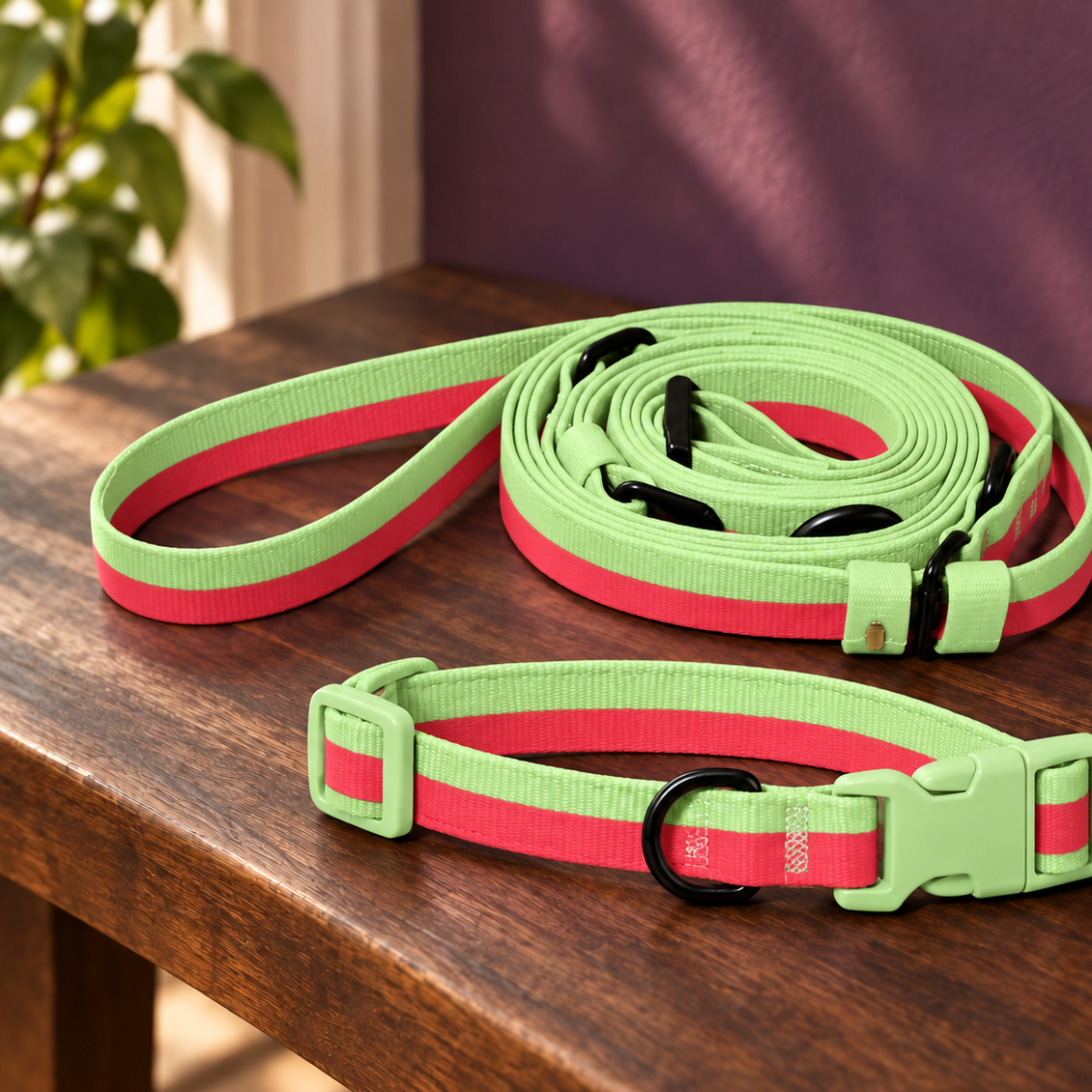 Hands-Free Webbing Dog Leash & Collar Set for Easy Walks