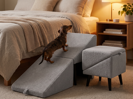 Grey 2-in-1 dog ramp and step set beside a bed, small dog climbing up