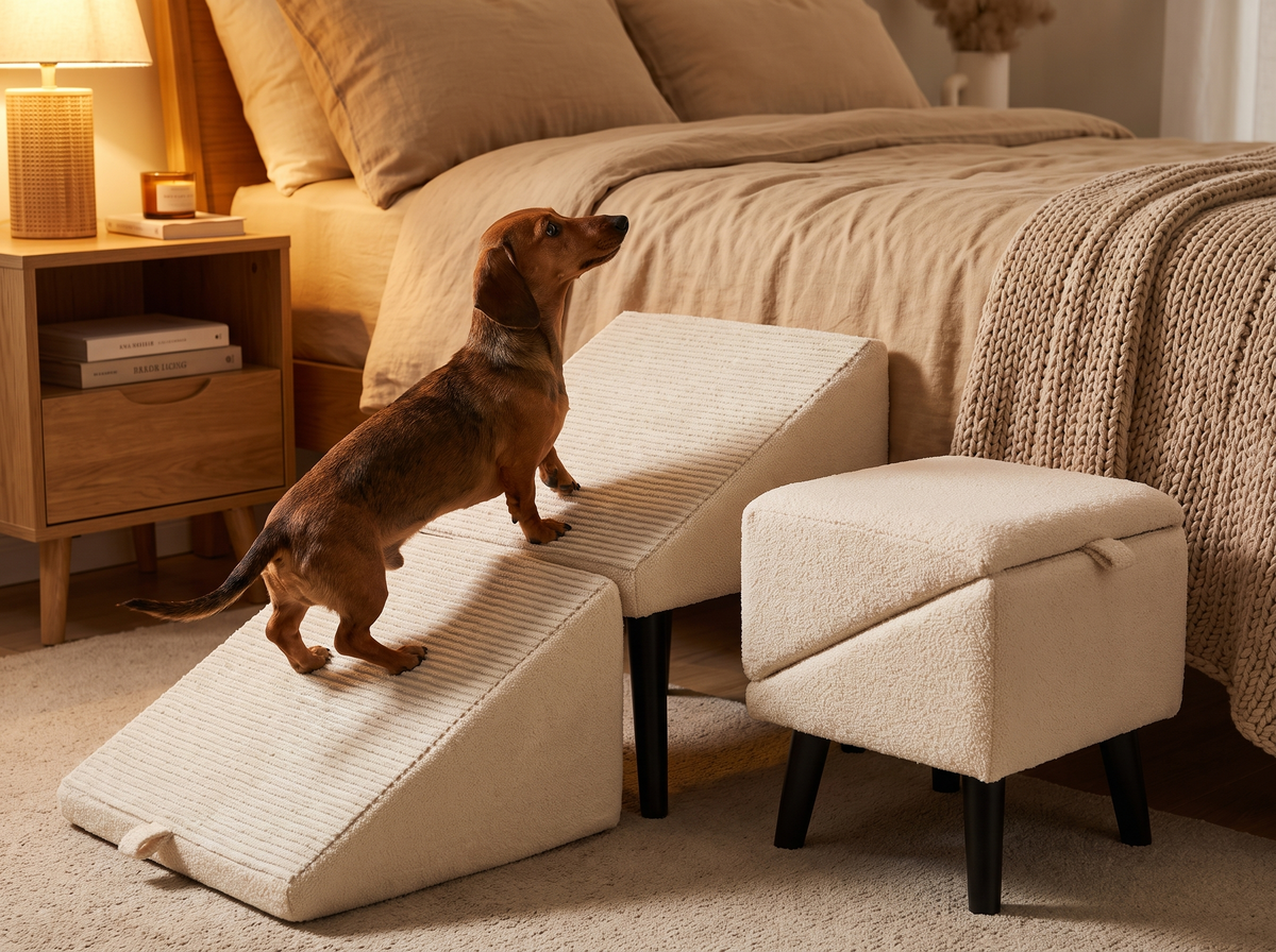Cream 2-in-1 dog ramp and step set beside a bed, small dog climbing up