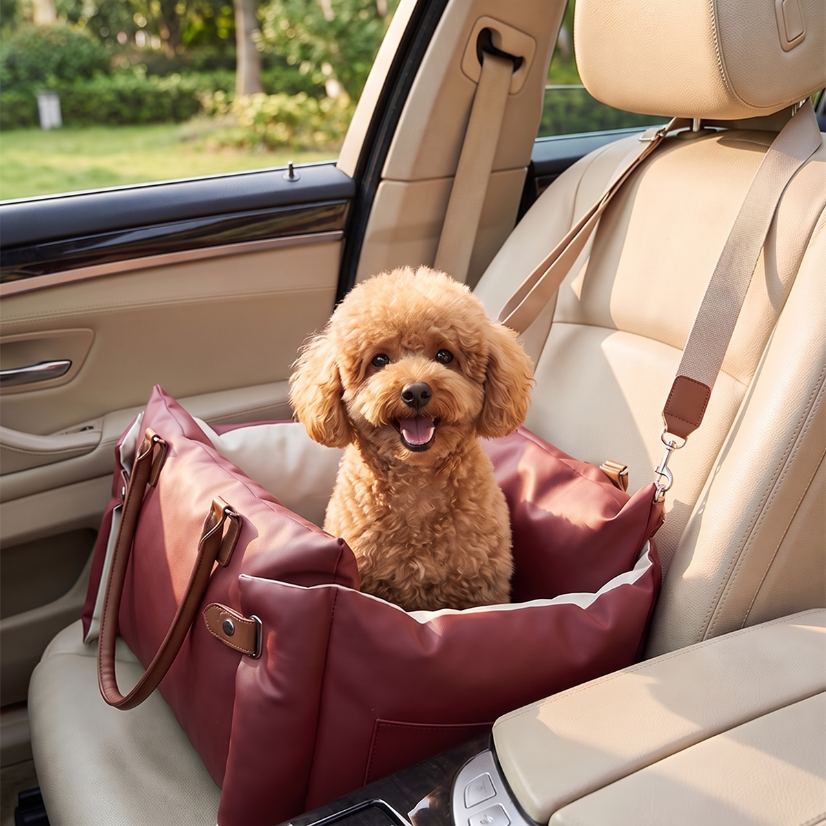 Poodle sitting in the bordeaux red dog car seat bed strapped to a car seat