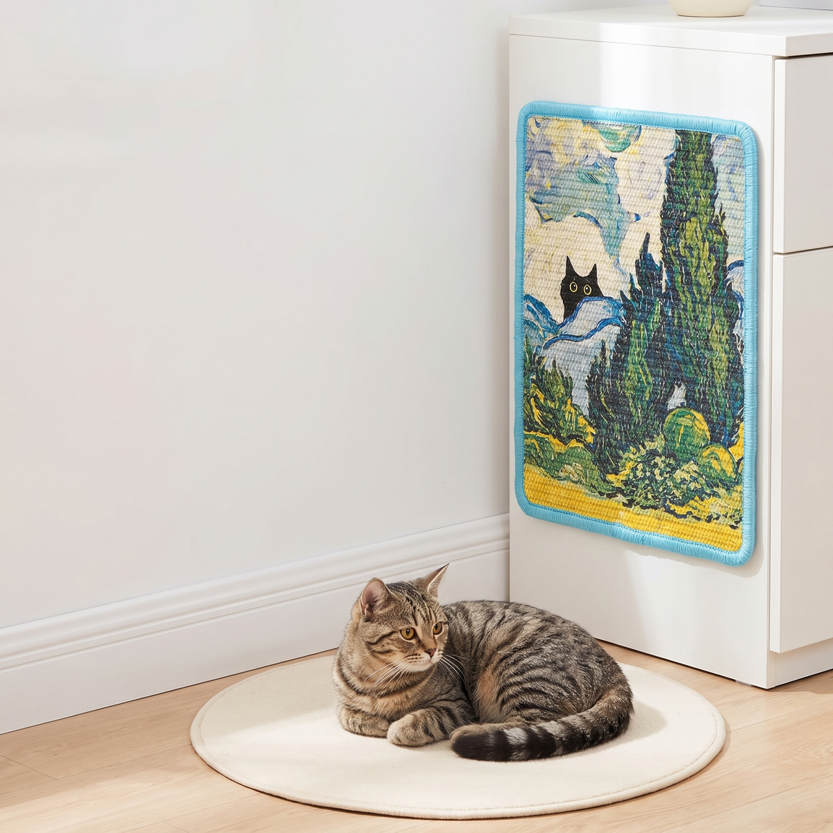 Wheat Field and Cypresses art print cat scratcher on a cabinet side
