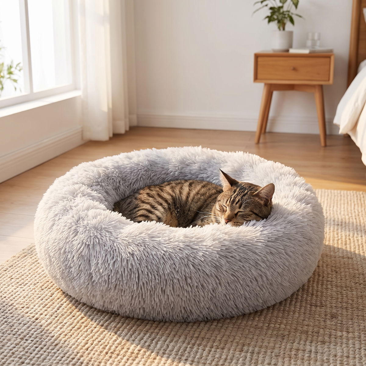 Cat curled up in a light gray donut bed by a window