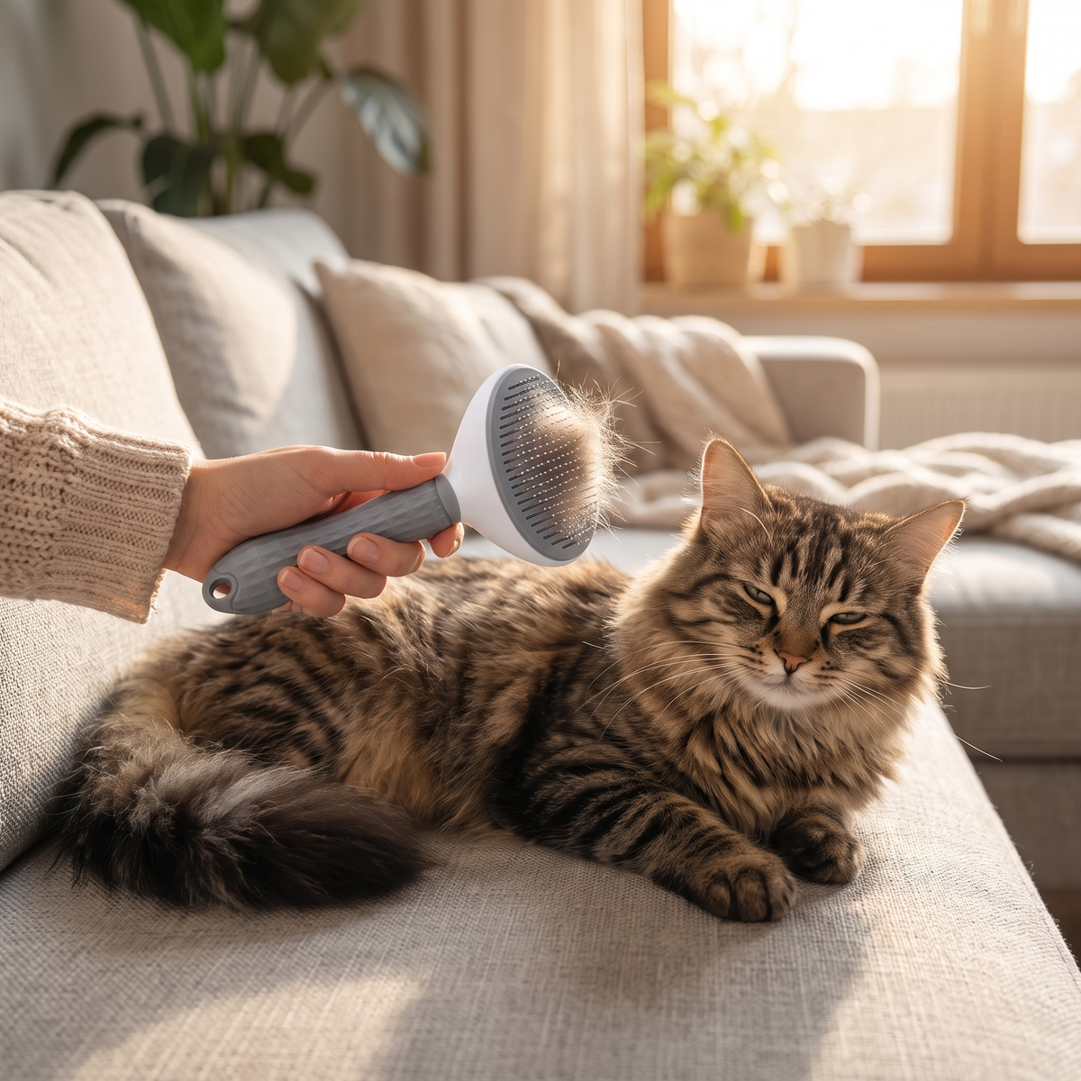 Tabby cat being brushed on a sofa