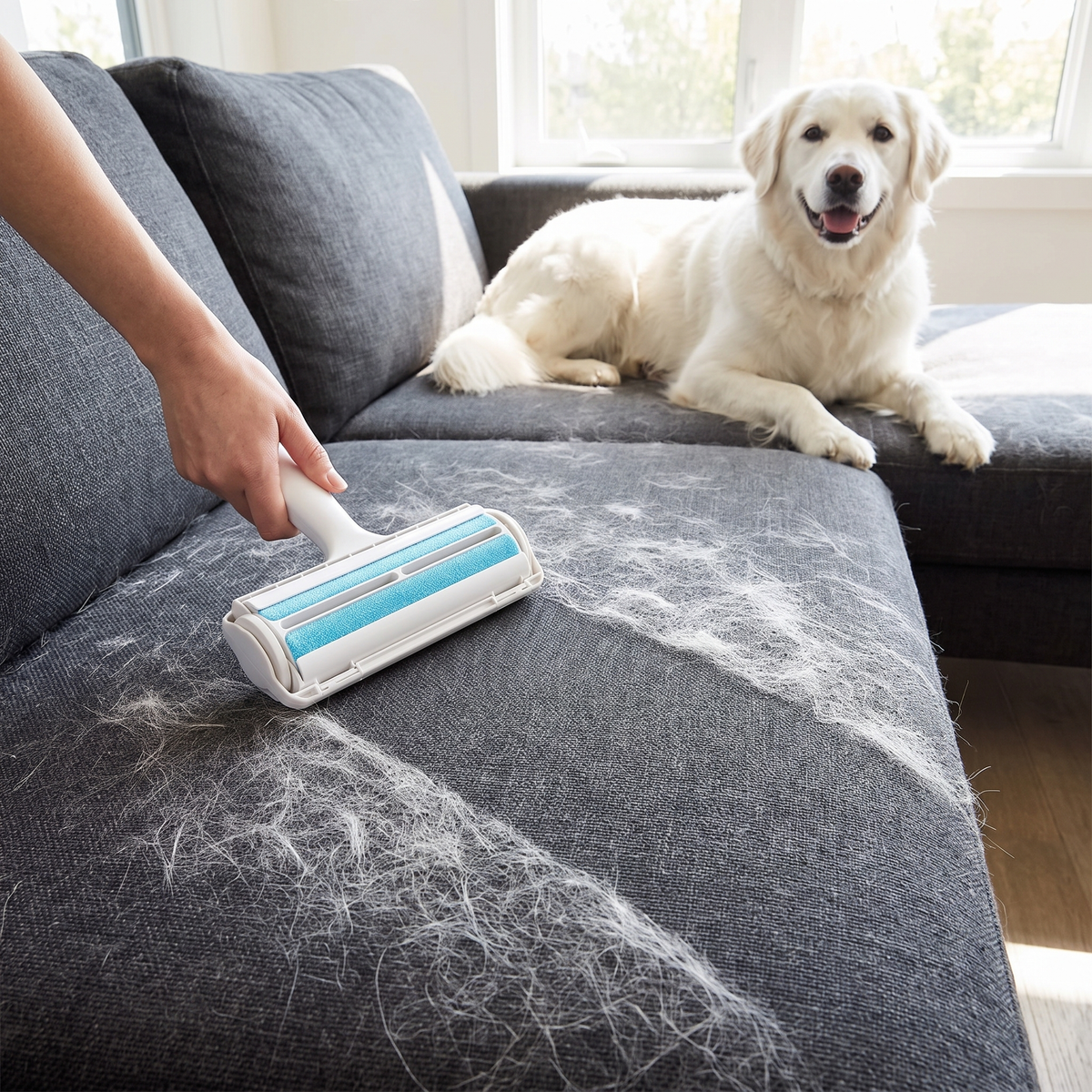 Rolling pet hair off a grey sofa