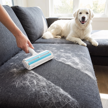 Rolling pet hair off a grey sofa