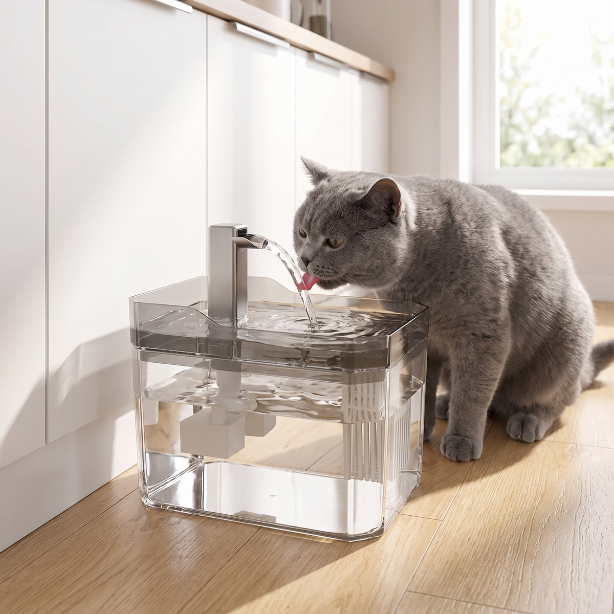 Grey cat drinking from a water fountain
