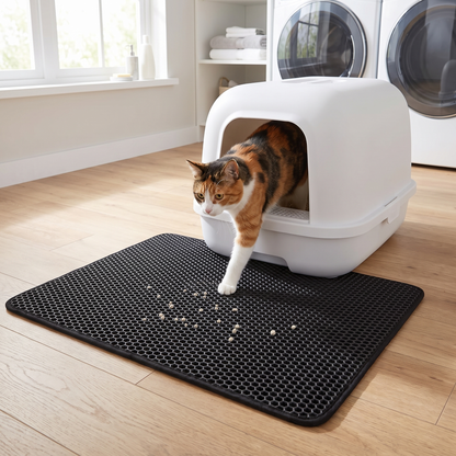 Cat stepping onto a black litter mat