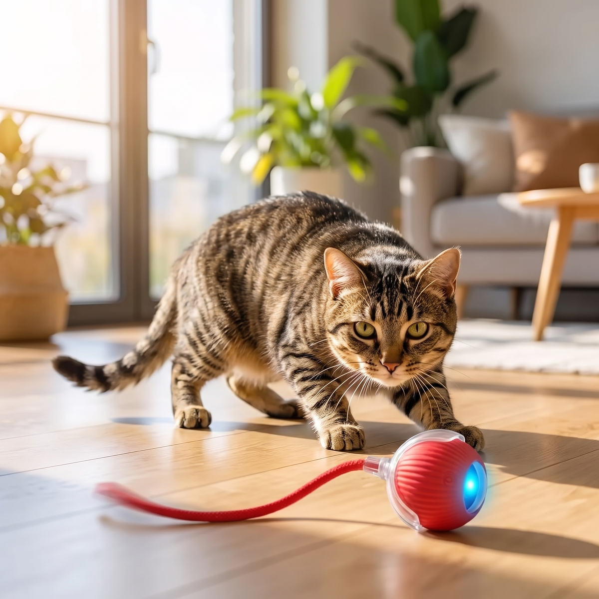 Tabby cat about to pounce on a rolling ball