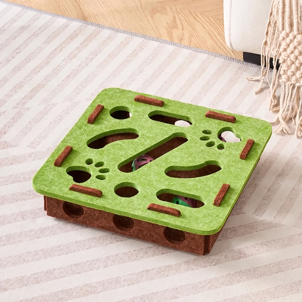 Green square felt puzzle box for cats