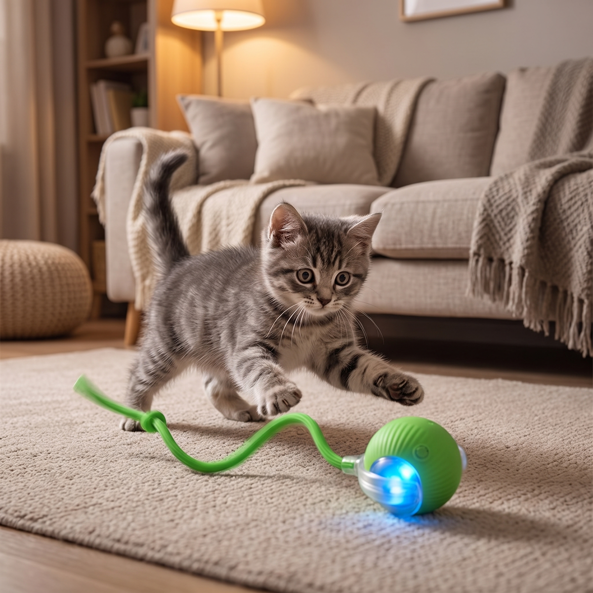 Kitten chasing a green rolling ball on a rug