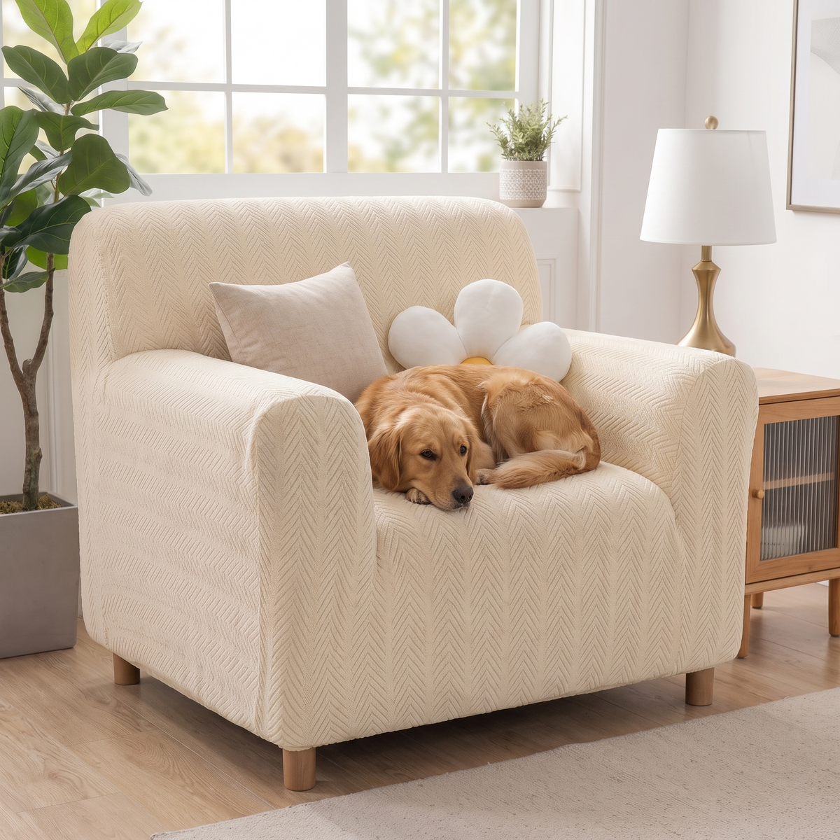 Stretch Plush Herringbone Sofa Slipcover, Full-Coverage Fitted Couch Cover, Fits 1-5 Seaters, for Dogs & Cats