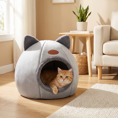 Cozy Plush Cat Ear Cave Bed for Snug, Secure Naps