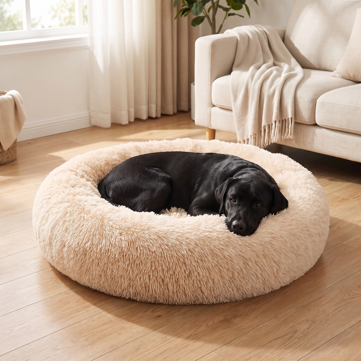 Fluffy Faux Fur Donut Pet Bed for Calming, Cozy Sleep