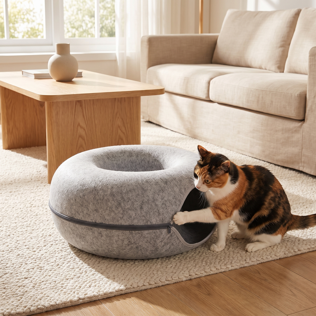 Playful Felt Tunnel Cat Bed for Hide-and-Seek Naps