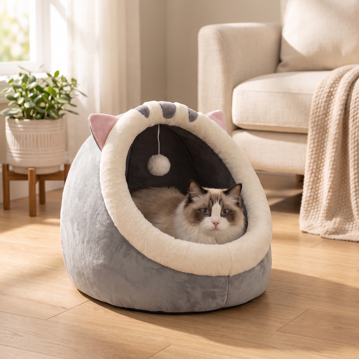Cozy Covered Cat Cave Bed for Safe, Snug Hideaway Naps