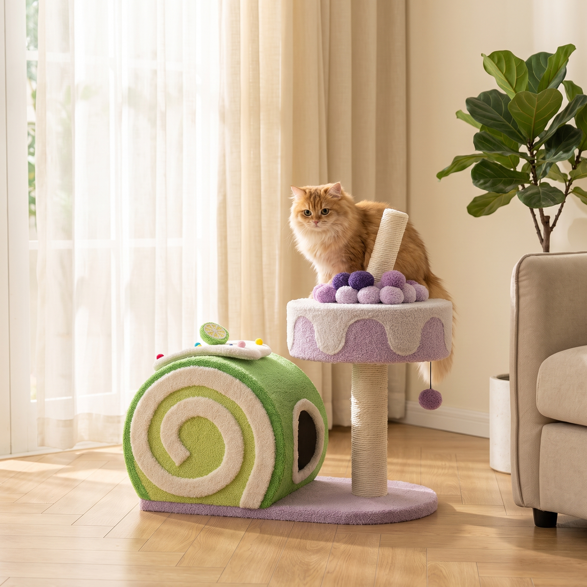 Dessert Cat Tree with Swiss Roll Bed or Milk Tea Barrel