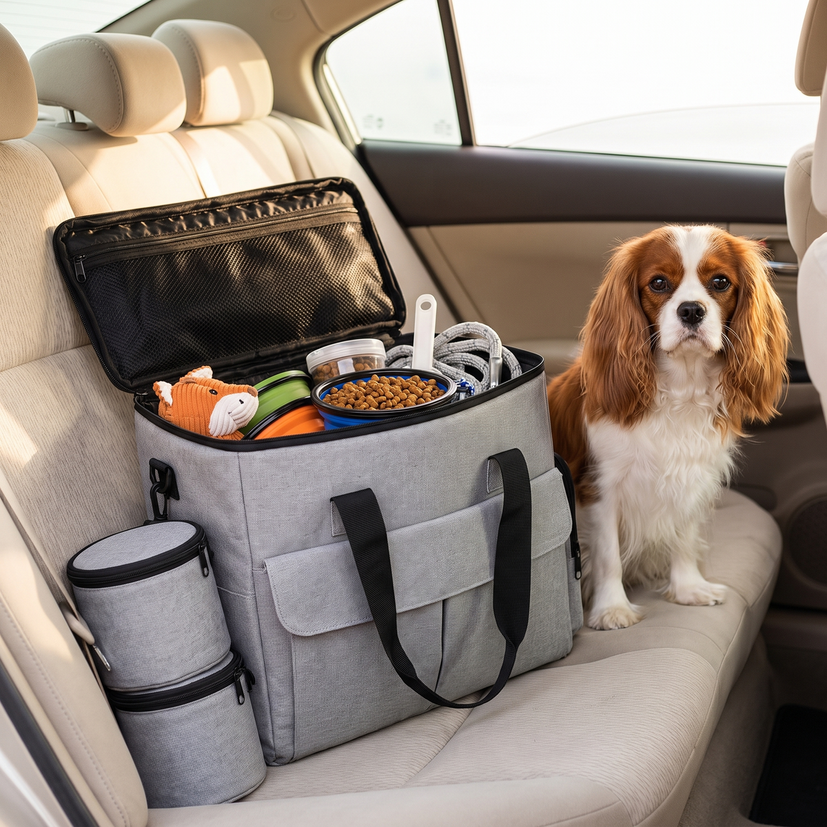 Dog Travel Bag with Collapsible Bowls, Road Trip Organizer