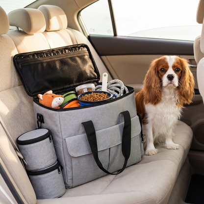 Dog Travel Bag with Collapsible Bowls, Road Trip Organizer