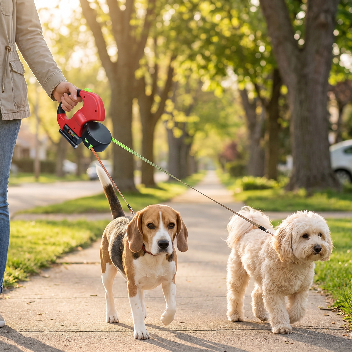 Dual Retractable Dog Leash for 2 Dogs, Tangle-Free with LED Light & Poop Bag Holder