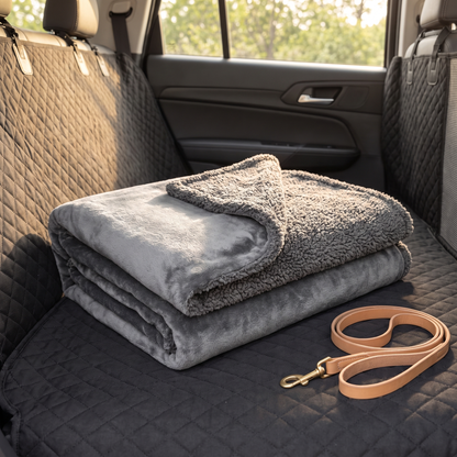 Folded backseat blanket showing fleece and sherpa sides