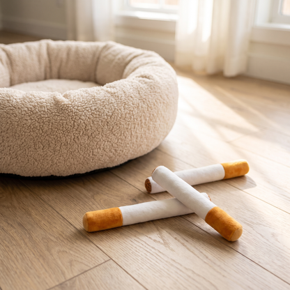 Plush stick chew toys on the floor by a dog bed