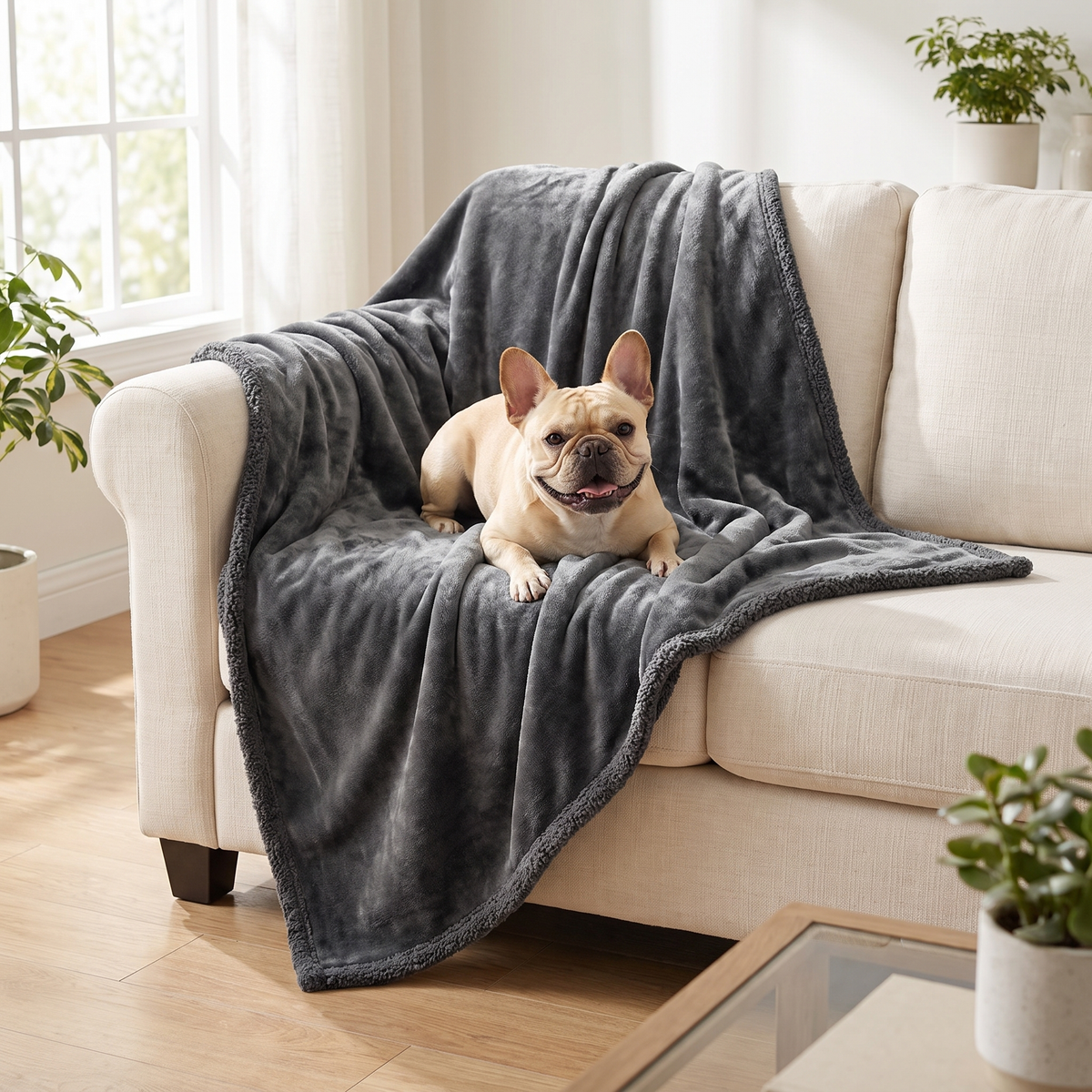 French bulldog on the gray blanket on a sofa