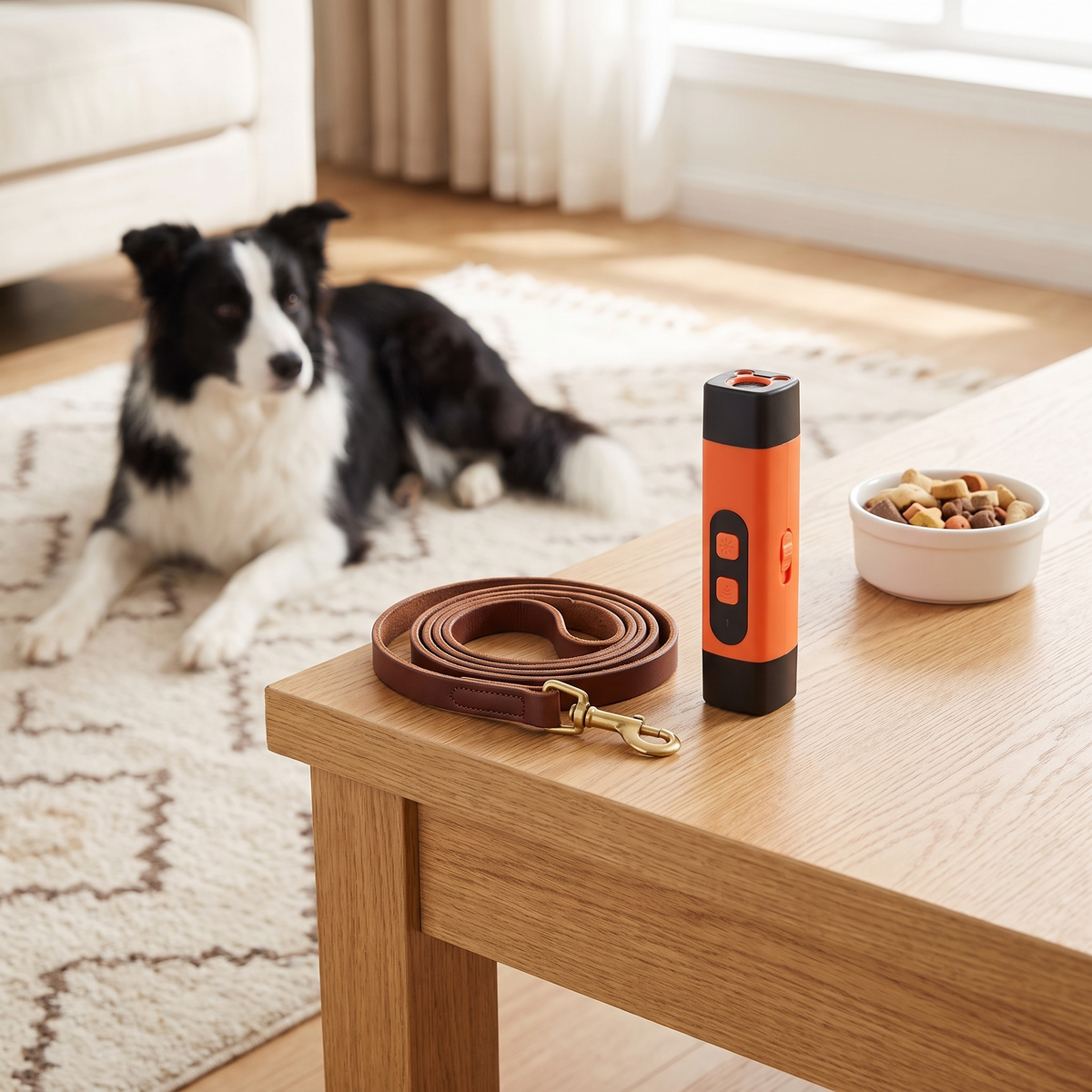 Ultrasonic bark control device on a side table with leash and treats