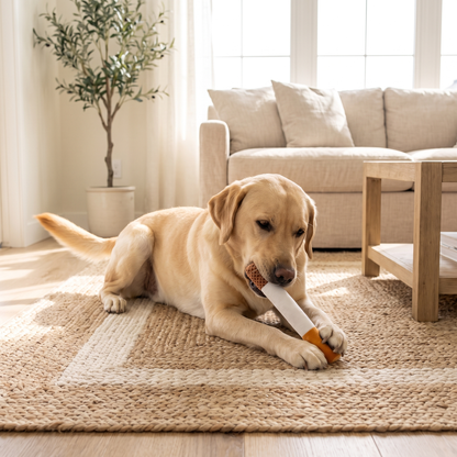 Labrador chewing the plush stick chew toy on a rug
