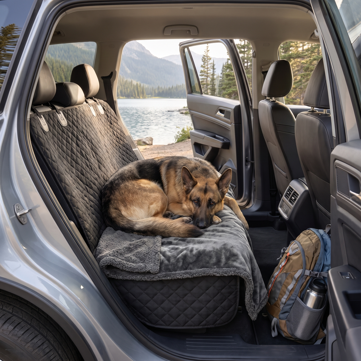 German shepherd resting on the backseat blanket on a road trip