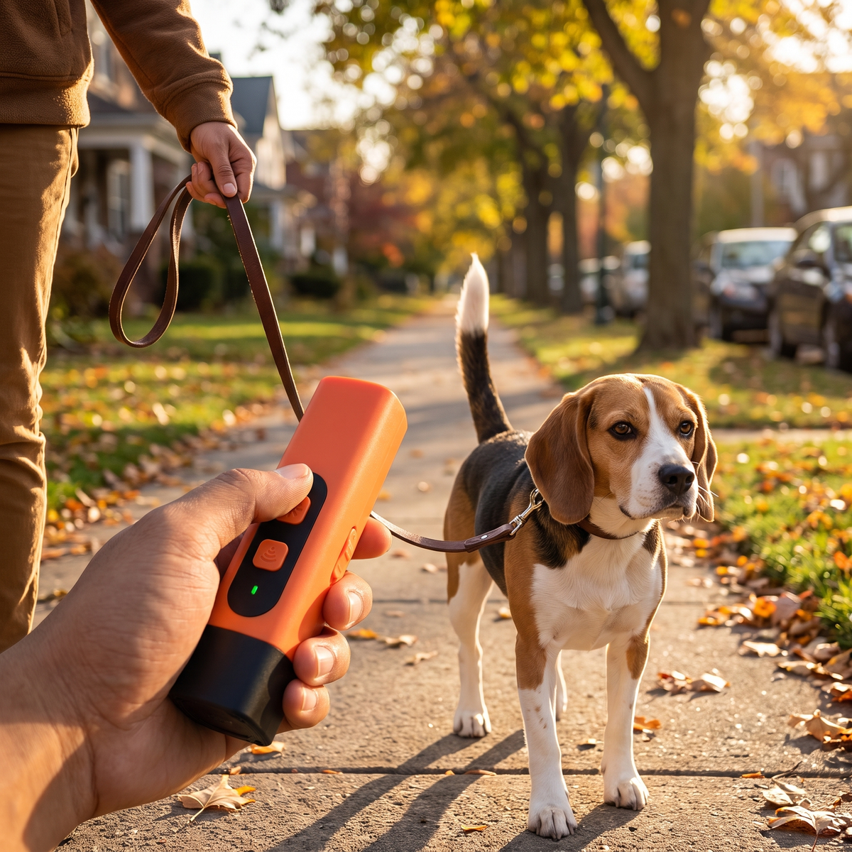 Ultrasonic bark control device in hand on a walk with a beagle