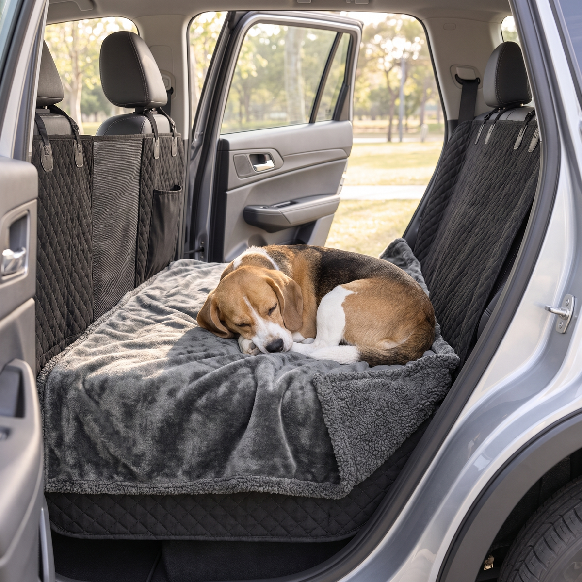 Beagle asleep on the gray fleece and sherpa backseat blanket