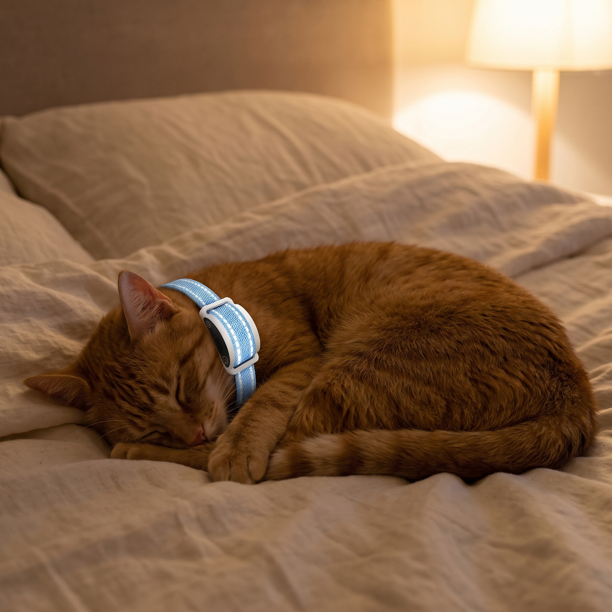Ginger cat sleeping on a bed wearing the training collar