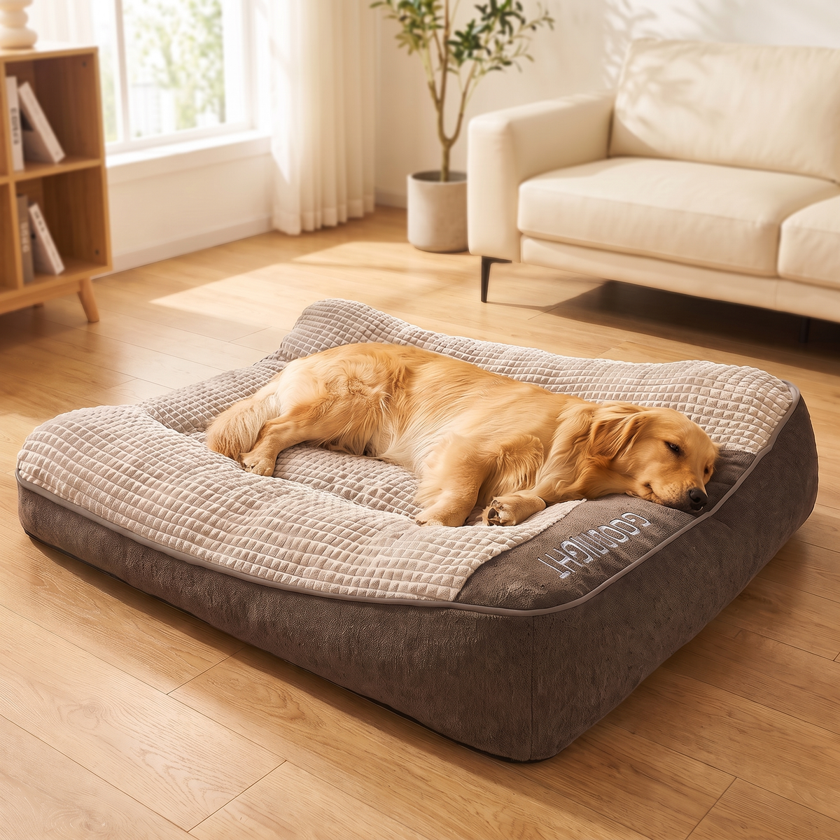 Golden retriever asleep on the plush crystal velvet dog bed