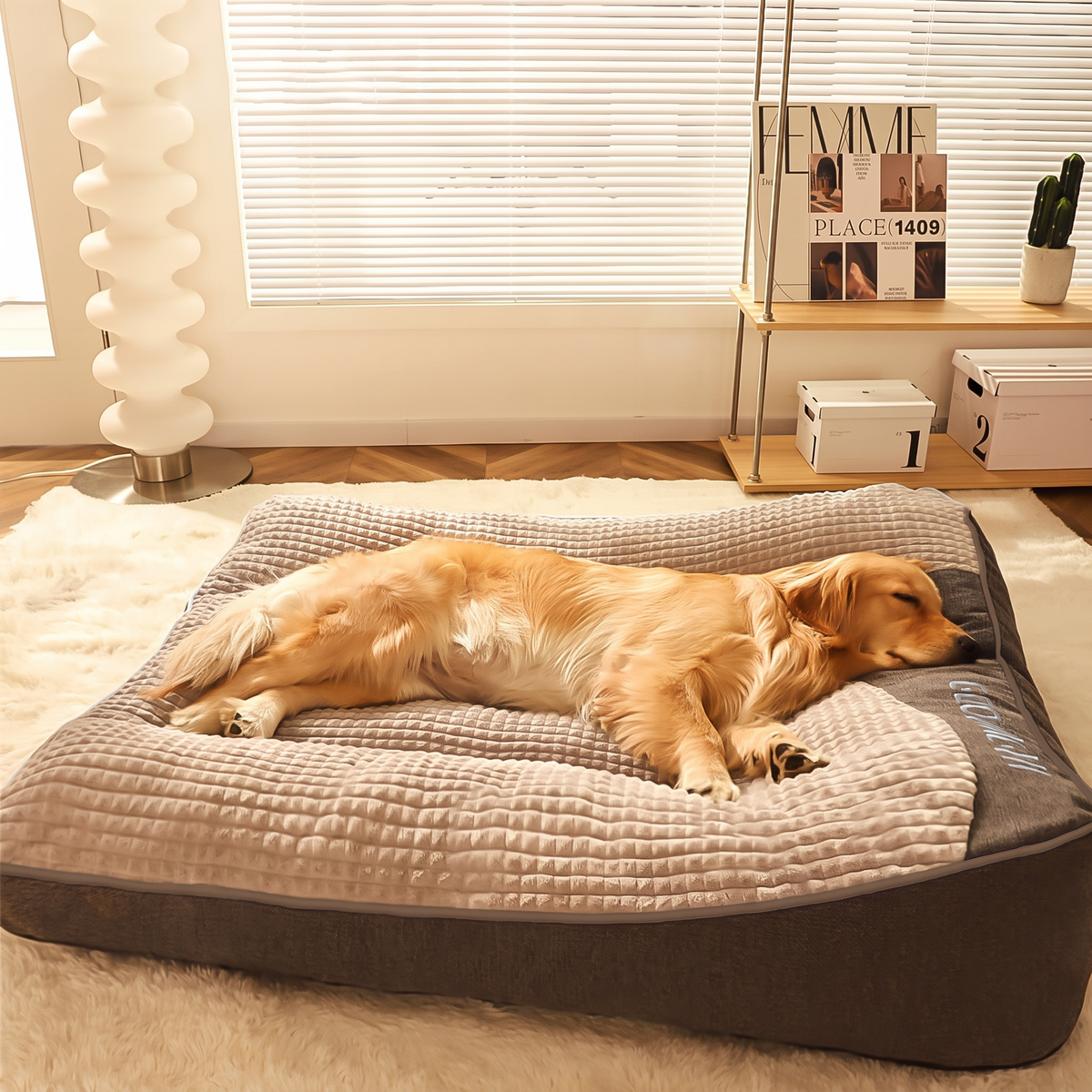Dog sleeping on the plush velvet bed