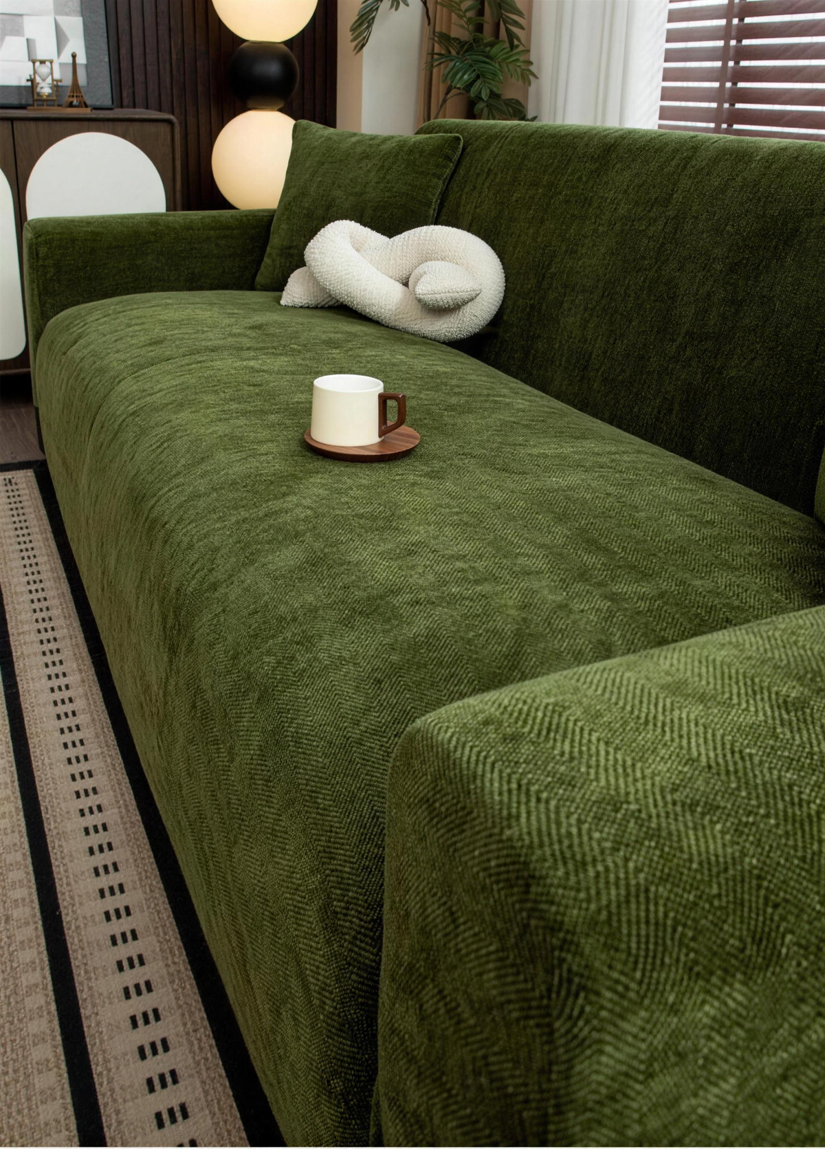 Green herringbone chenille sofa cover