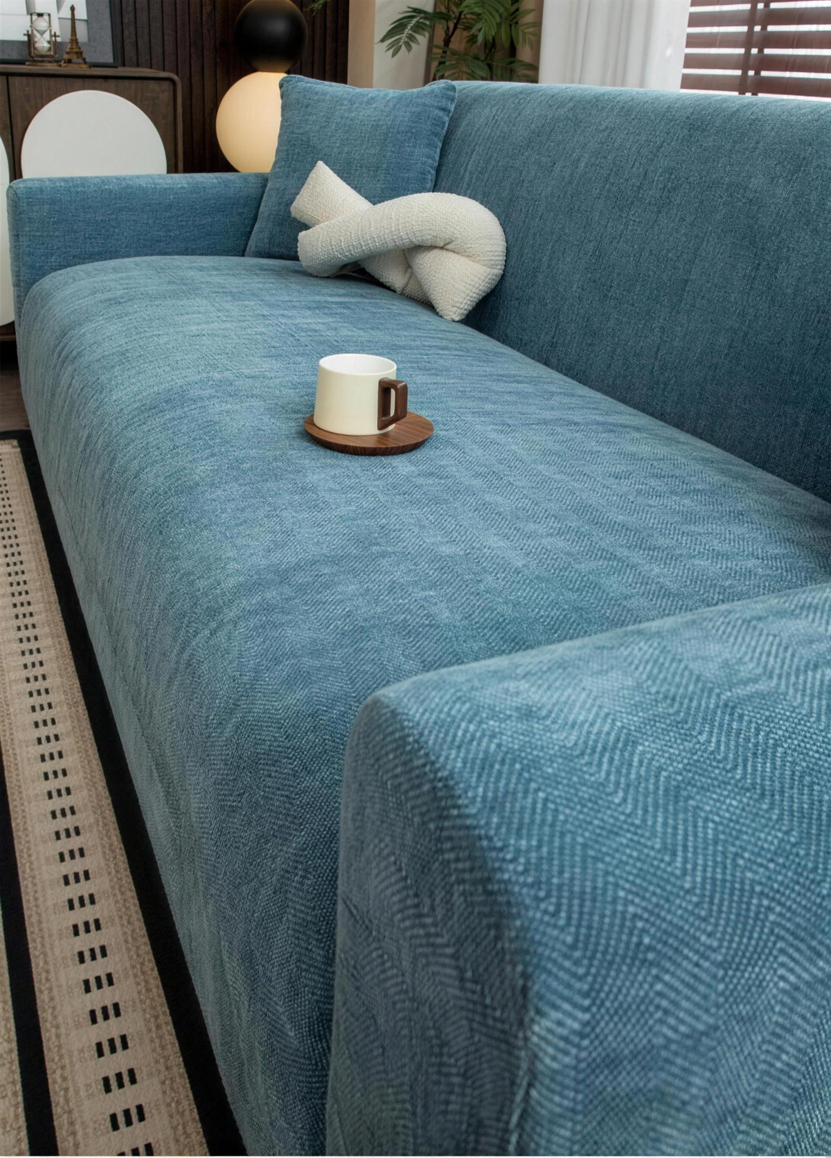 Blue herringbone chenille sofa cover