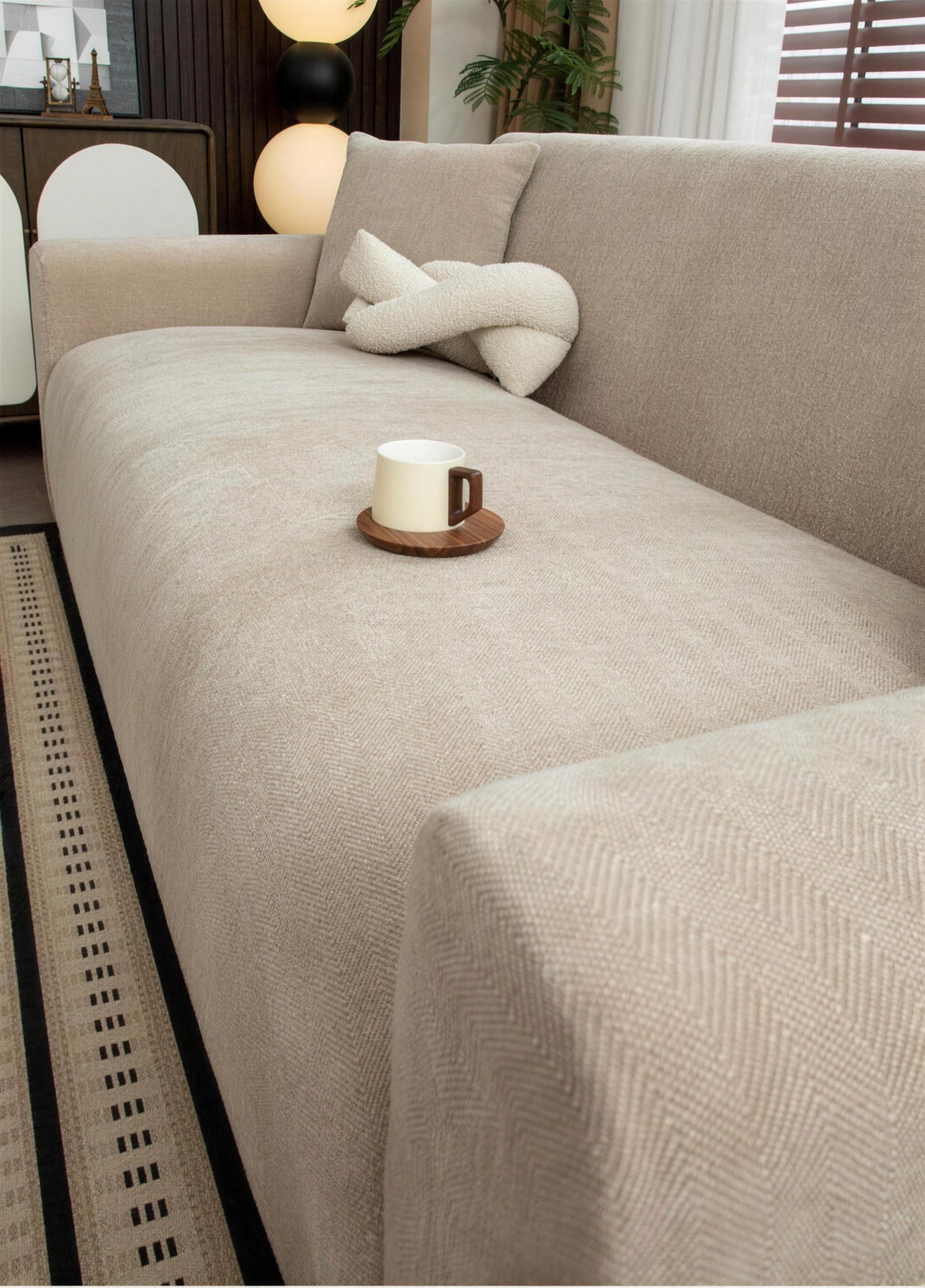 Beige herringbone chenille sofa cover