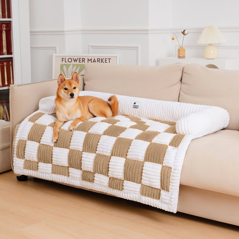 Cream Square Plaid Cozy Dog Mat — Plush Furniture Protector Cover