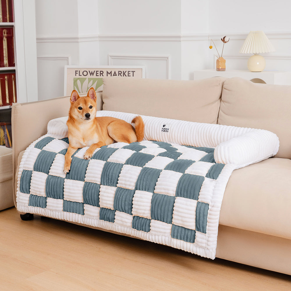 Cream Square Plaid Cozy Dog Mat — Plush Furniture Protector Cover