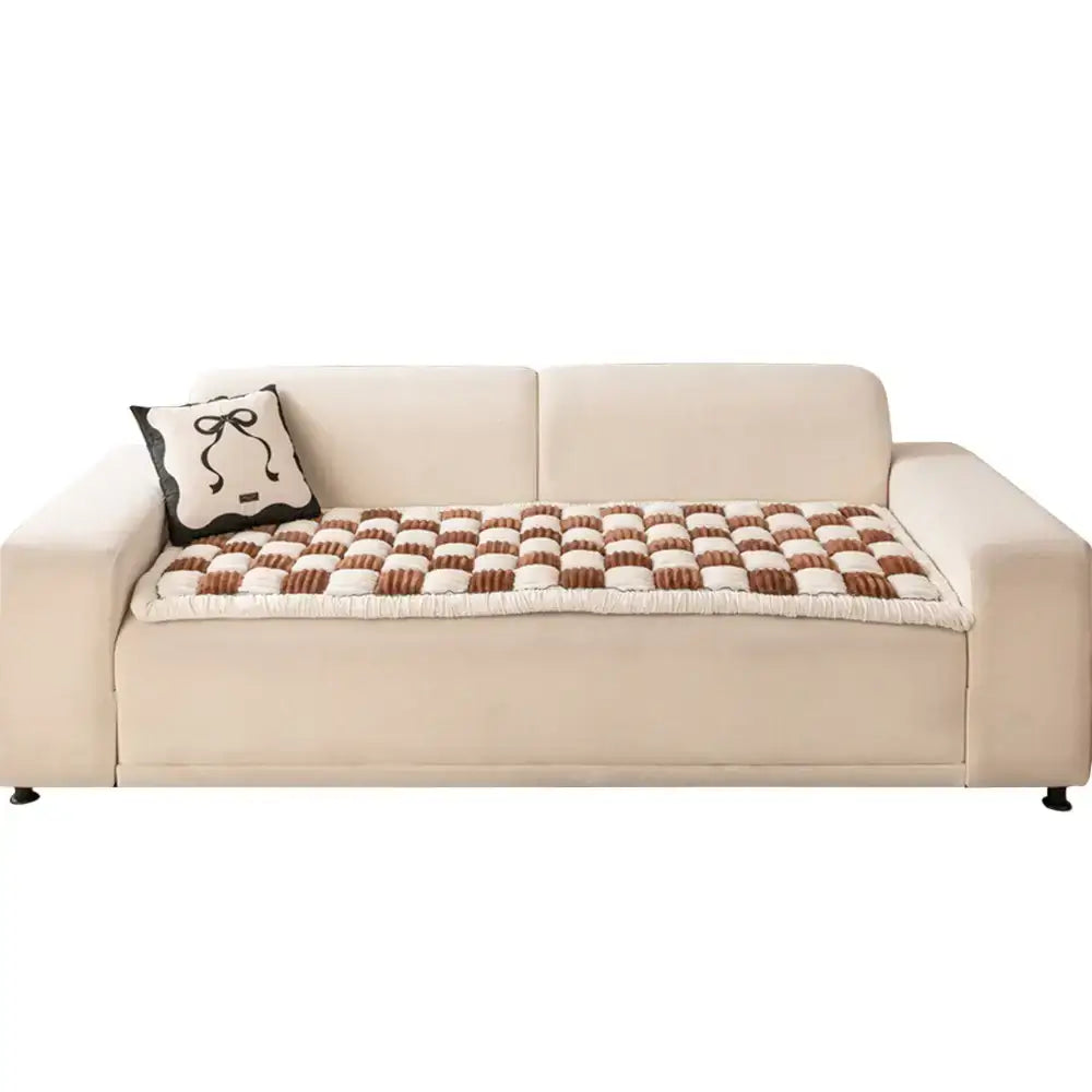 Cream-Colored Large Plaid Square Fuzzy Pet Mat - Multi-Use Bed and Couch Cover