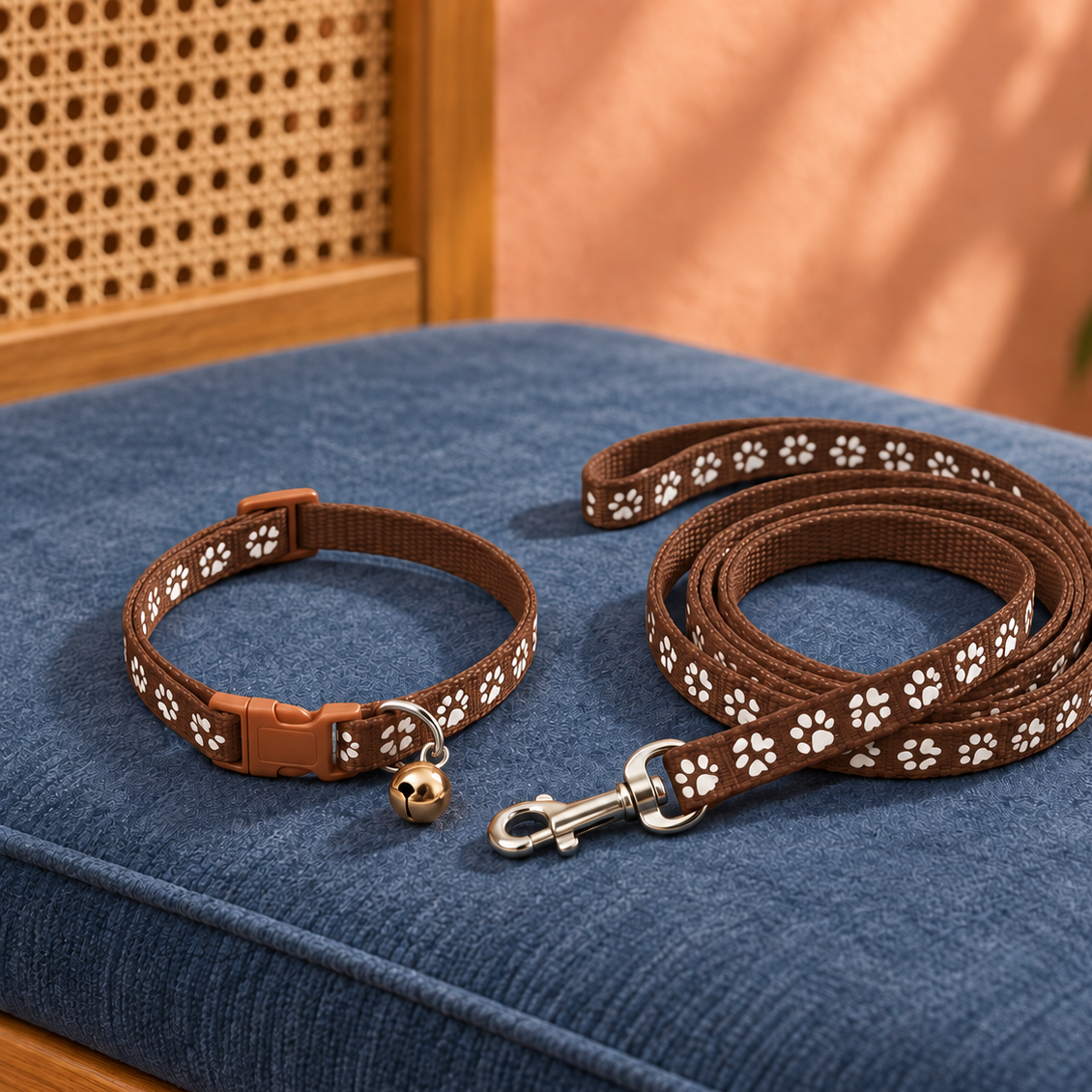 Adorable Paw-Print Nylon Collar & Leash Set for Daily Walks